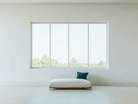 A minimalistic room features large windows that let in ample natural light and provide a serene view of trees outside. A single cushion adds comfort to the calm space.の素材