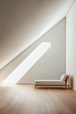 A minimalist room features a sleek lounge chair placed against a wall at an angle. Sunlight pours in, creating a warm atmosphere on the wooden floor.の素材