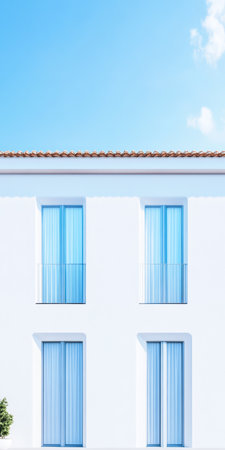 A modern white house features large blue windows with sheer curtains. The bright blue sky above and the clean lines of the architecture create a fresh and inviting atmosphere.の素材