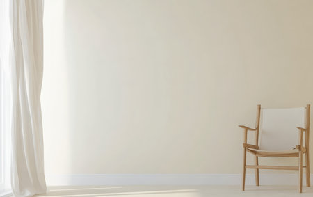 A cozy room showcases a wooden chair positioned beside a bright window, adorned with light, flowing curtains. The neutral wall color enhances the peaceful atmosphere.の素材