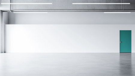 A spacious, empty room features a smooth gray floor, plain white walls, and a single teal door. Bright overhead lights illuminate the minimalist space, creating a clean look.の素材