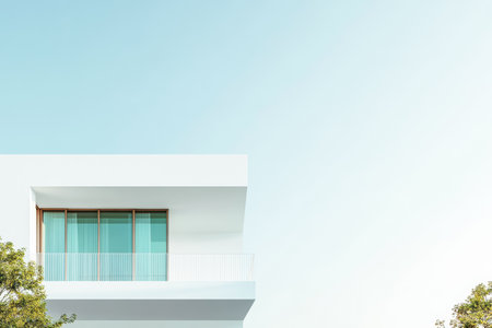 A contemporary building stands with a sleek white facade and a balcony, surrounded by lush trees. The clear blue sky adds tranquility to the scene.の素材