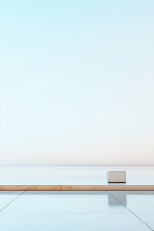 A spacious interior features a light wall and wooden flooring. A single, small object sits on the floor, creating a sense of calm and simplicity in the room.の素材