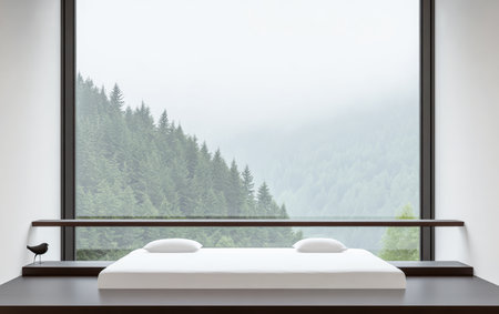 A spacious bedroom features a large window overlooking a lush, mist-covered forest. The minimalist design includes a simple bed and a small decorative bird, creating a calm atmosphere.の素材