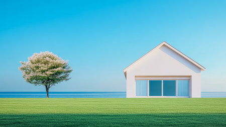 A white house stands beside a blooming tree, overlooking a serene blue ocean. The sky is clear, and the lush green lawn creates a peaceful setting perfect for relaxation.の素材