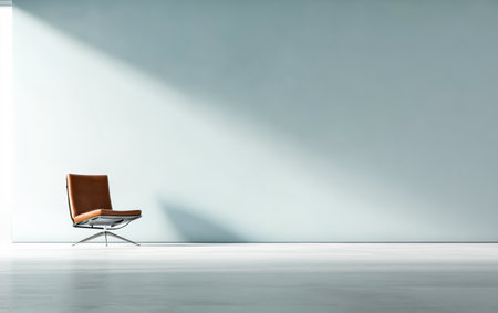 A stylish brown chair sits alone in a bright, minimalistic room. Soft light filters through a large window, creating an inviting atmosphere. The simplicity of the space enhances the chair's design.の素材