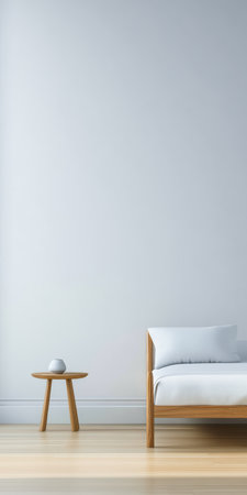 A cozy bedroom showcases a simple wooden bed with white bedding, complemented by a small round table holding a decorative item. Soft light fills the space, enhancing the calm atmosphere.の素材