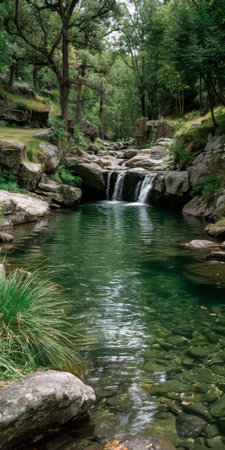 A tranquil waterfall cascades into a clear pool, surrounded by lush greenery and rocky terrain. The scene captures the calmness of nature in a remote forest.の素材