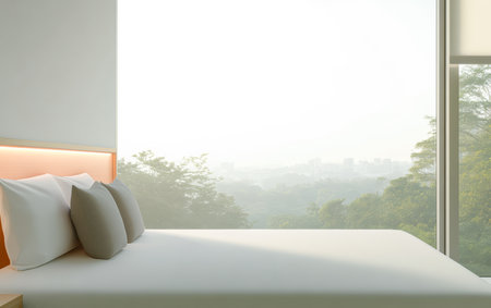 A bright bedroom features large windows that let in soft morning light. The simple design includes a large bed with decorative pillows and greenery outside, creating a peaceful atmosphere.の素材