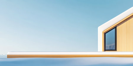 A modern cabin is nestled in a snowy landscape, showcasing a combination of wood and white elements. The design emphasizes clean lines and simplicity against a bright blue sky.の素材