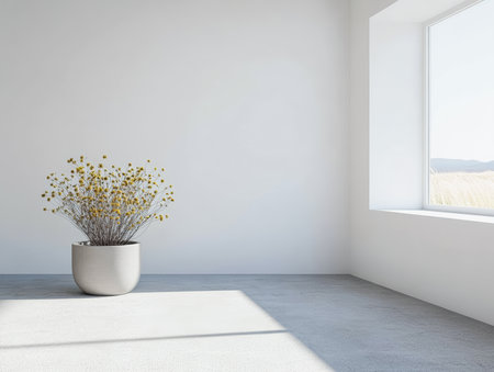 A minimalist room showcases a large window allowing natural light to flood in. A potted plant with yellow blooms sits in the corner on a simple concrete floor.の素材
