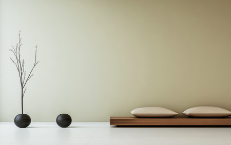 A serene indoor space showcases a wooden platform with two soft cushions. A tall, slender plant and a round pot add simplicity and elegance to the minimalist design.の素材