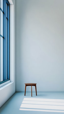 A wooden stool sits alone in a bright, minimalist room. Sunlight streams through a blue window, casting shadows on the empty floor, creating a calm atmosphere.の素材