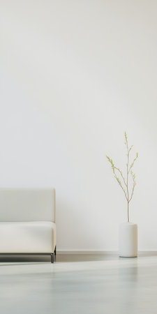 A stylish living room showcases a white couch against a blank wall. A simple vase holds a slender plant, adding a touch of nature to the modern space.の素材