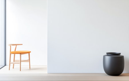 A bright and minimalist interior showcases a wooden chair with an orange seat next to a round black vase. The clean lines and neutral walls highlight simplicity in design.の素材