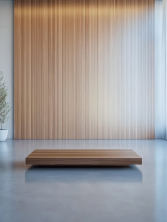 A spacious, modern room features a smooth wooden platform at the center, surrounded by natural light. The warm wooden wall adds a calming ambiance to the minimal decor.の素材