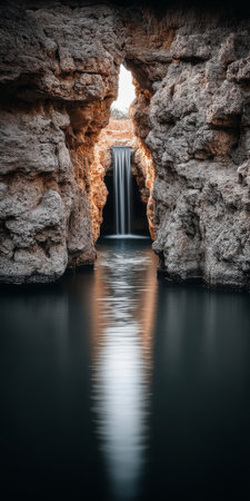 A stunning waterfall flows between towering rock formations into a calm body of water. The scene captures the tranquility of dusk, surrounded by nature's beauty.の素材
