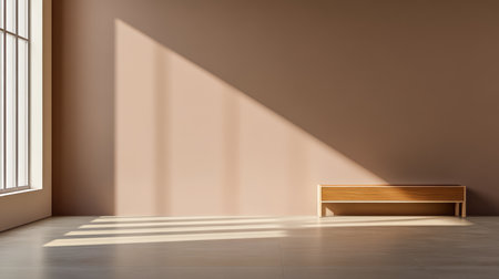Soft sunlight illuminates a spacious room with a light brown wall and a simple wooden bench against it, creating a serene and inviting atmosphere in the early afternoon.の素材