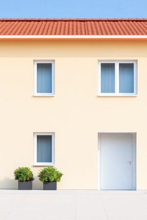 A modern yellow house features a red roof and two neatly placed windows. Decorative plants adorn the entrance, creating a fresh and inviting atmosphere.の素材