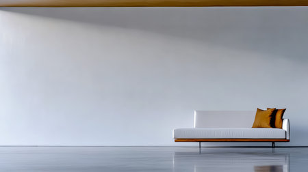 A minimalist living room features a sleek white sofa resting against a bright wall. A decorative cushion adds a touch of warmth to the space, emphasizing simplicity and comfort.の素材