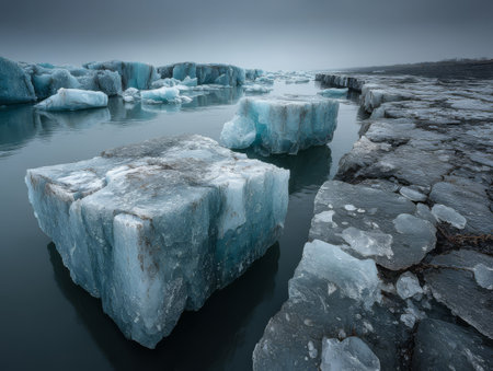 Floating icebergs reflect in the still waters of a glacier lagoon during early morning. The serene environment showcases nature's beauty and tranquility.の素材