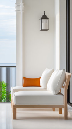 Bright outdoor seating features a simple design with soft cushions and a stylish accent pillow. The scenic ocean view adds to the serene atmosphere, perfect for relaxation.の素材
