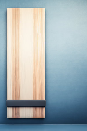 A tall wooden door features stylish vertical grain and a minimalist handle. It stands against a smooth blue wall, enhancing the modern decor of the room.の素材