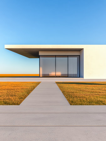 A modern house stands proudly with a flat roof and expansive glass windows. The structure is surrounded by a grassy area, bathed in the warm glow of sunset, creating a serene environment.の素材