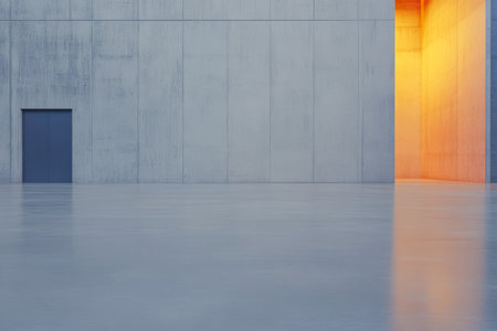 A minimalist interior showcases a smooth concrete wall with a glowing opening casting warm light. An elevator door is positioned against the wall, enhancing the modern aesthetic.の素材