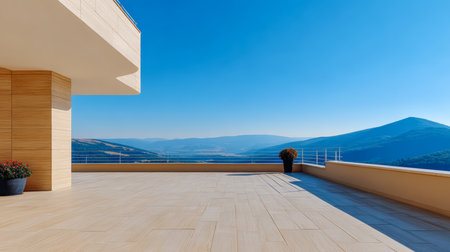 Spacious terrace overlooks magnificent mountains, offering a breathtaking view under a bright blue sky. The clean design promotes a peaceful outdoor experience.の素材