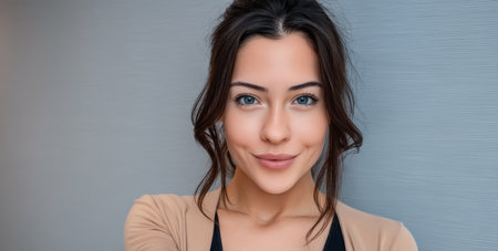 A young woman with brown hair and blue eyes smiles warmly while standing in front of a gray wall. The setting appears bright and inviting, creating a cheerful atmosphere.の素材