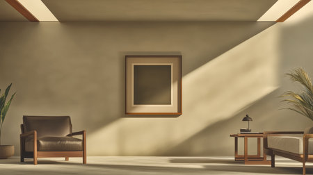 A cozy room showcases a minimalistic design with a comfortable armchair, a soft sofa, and a simple artwork on the wall, all bathed in warm sunlight.の素材