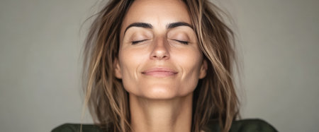 A woman sits peacefully with her eyes closed, a soft smile on her face.の素材