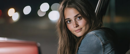 A young woman leans out the window of a car at night, smiling softly as city lights blur in the background. The atmosphere is relaxed and inviting, showcasing a moment of joy.の素材