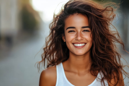 A young woman with curly hair smiles brightly while standing outdoors on a picturesque street. The sun highlights her joyful expression and the warm atmosphere.の素材