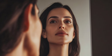 A young woman stands in front of a mirror, looking at her reflection with a calm expression. The room is softly lit, creating a serene atmosphere.の素材
