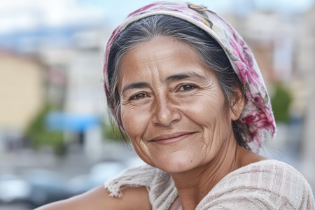 A smiling elderly woman wearing a floral scarf leans against a railing. She is in an urban setting with buildings and trees in the background. The bright daylight highlights her joyful expression.の素材