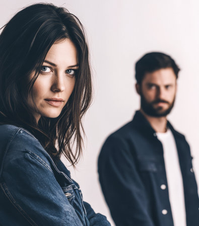 In a simple studio setting, a woman in a denim jacket gazes intensely at the viewer while a man stands blurred in the background, creating a dramatic contrast.の素材