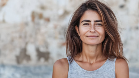 A woman with long, flowing hair stands in front of a textured wall. She smiles gently, radiating warmth and confidence in the soft daylight atmosphere.の素材