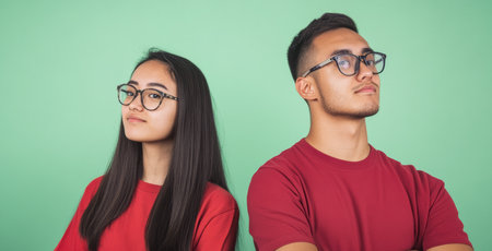 Two teenagers stand back to back, expressing confidence and style. They wear matching red shirts and glasses, with a bright green background enhancing the lively atmosphere.の素材