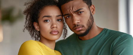 Two young adults, a man and a woman, embrace closely in a cozy indoor setting. They display expressions of concern and intimacy, highlighting their bond on a quiet day.の素材