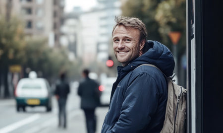 A man stands against a wall on a city street, wearing a blue jacket and backpack. He smiles while people walk by, and cars pass under a clear sky.の素材