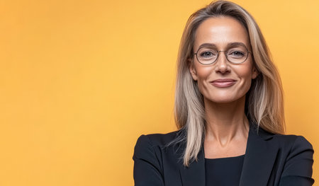 A woman with blonde hair and glasses stands confidently with her arms crossed. She exudes professionalism and charisma in front of a vibrant yellow background.の素材
