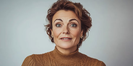 A woman stands confidently, her short wavy hair framing her face. She wears a cozy brown sweater and conveys warmth with her gentle expression against a neutral background.の素材