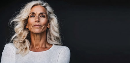 An older woman with flowing gray hair stands confidently against a dark background. She exudes grace and poise, showcasing her natural beauty and self-assuredness.の素材