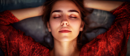 A young woman with closed eyes enjoys a moment of relaxation in a cozy indoor space. She wears a vibrant red top and appears serene under soft lighting.の素材