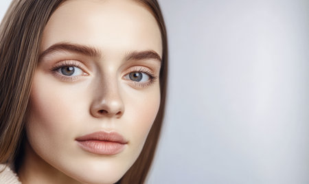 A young woman stands with a calm expression, showcasing her clear skin and subtle makeup. Her long hair frames her face, while soft lighting enhances her features.の素材