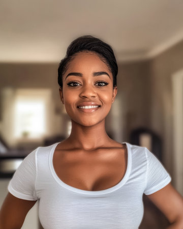 A confident young woman stands in a well-lit room, smiling warmly. She wears a simple white shirt and has her hair styled neatly, creating a friendly atmosphere.の素材