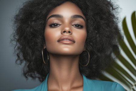 A young woman with curly hair stands confidently in a studio setting. Soft lighting highlights her features, while a green plant adds a touch of nature to the background.の素材