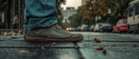 A person in casual shoes stands on a wet street, surrounded by fallen chestnuts. Parked cars line the background under a cloudy sky, hinting at a chilly day.の素材